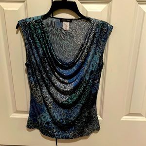 Blue multicolor draped neck sleeveless blouse.  Size M